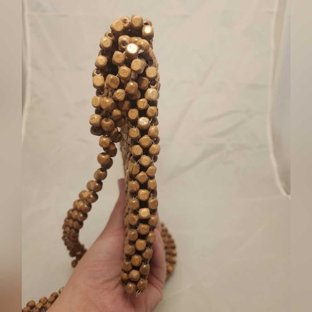 8" Tan Wood Beaded Hand Bag Purse 60" Long Strap - Picture 7 of 9